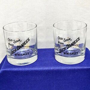 Jack Daniels Tennessee Whiskey Old Sour Mash Barware Glasses (2) 1990s Vintage